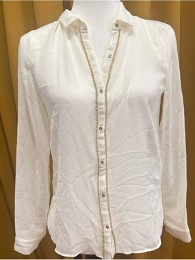 Zara Women's Cream Button-Down Blouse with Gold Trim